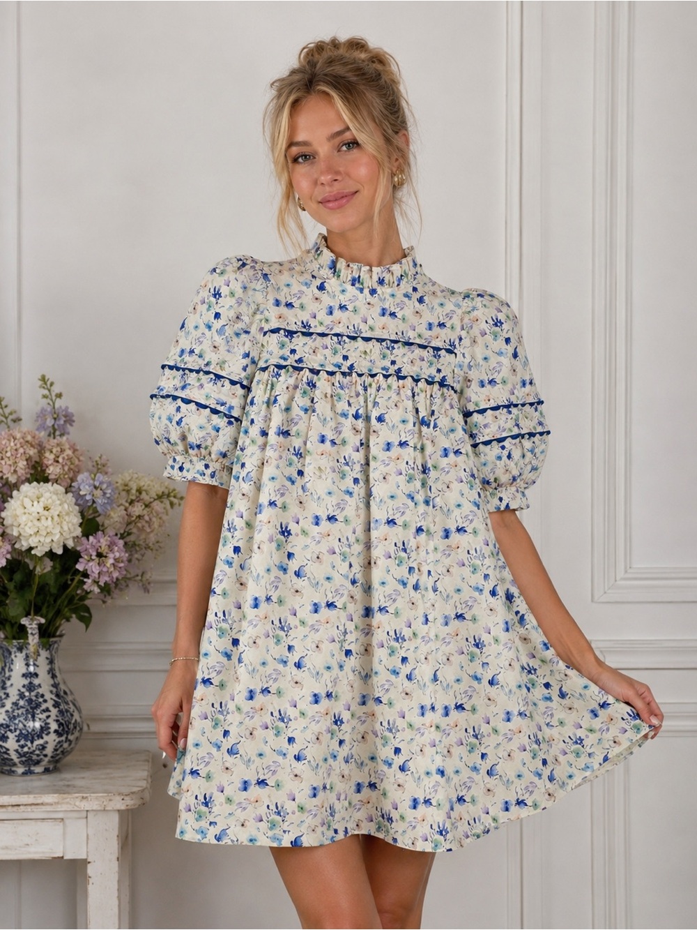 Floral Puff-Sleeve Mini Dress in Blue - 633
